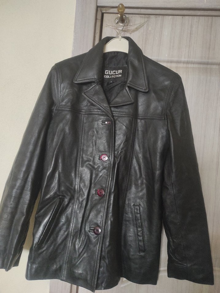 Düğmeli Siyah Deri Kadın Biker Ceket - Görsel 2