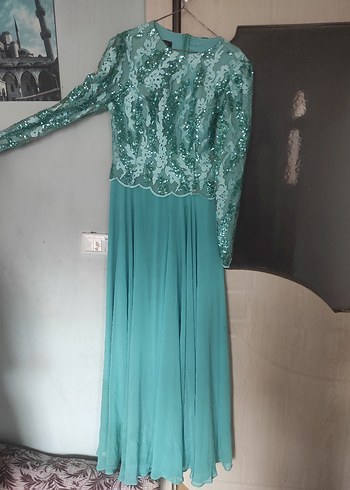 Uzun Turkuaz Kadın Abiye elbise - Görsel 4