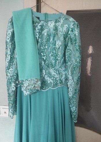 Uzun Turkuaz Kadın Abiye elbise - Görsel 2