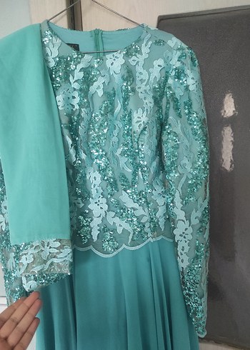 Uzun Turkuaz Kadın Abiye elbise - Görsel 3