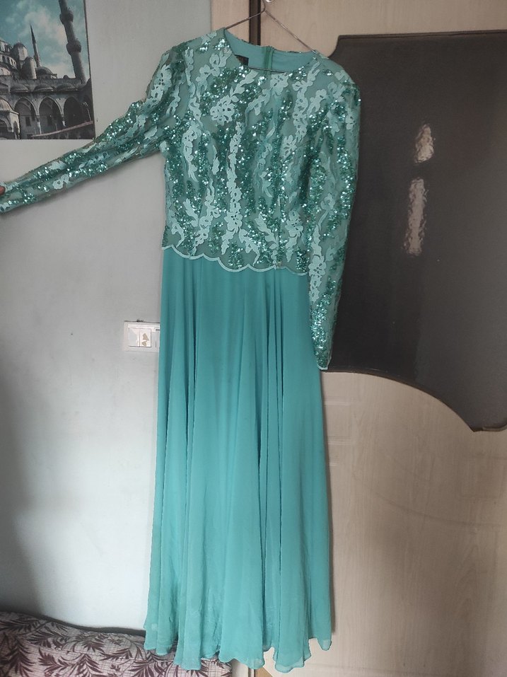 Uzun Turkuaz Kadın Abiye elbise - Görsel 4