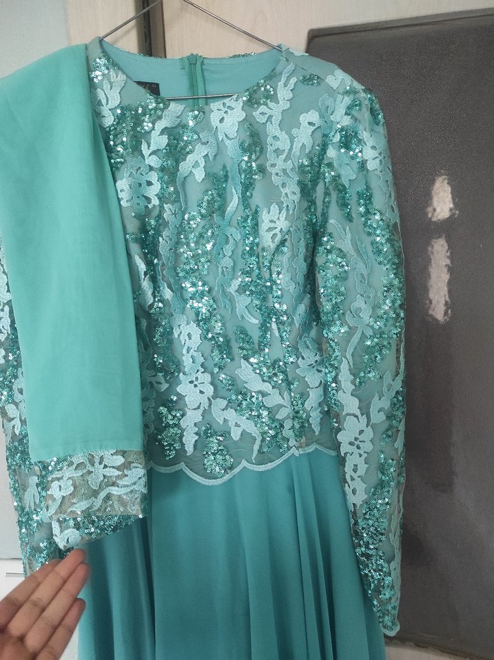 Uzun Turkuaz Kadın Abiye elbise - Görsel 3