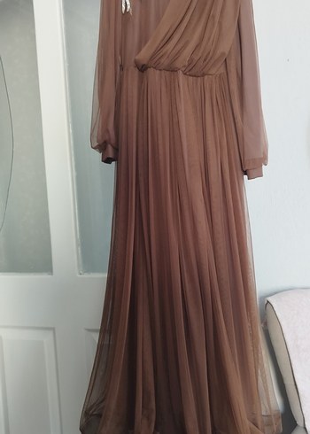 Kadın Bej Uzun Kollu Drapeli Elbise - Görsel 3