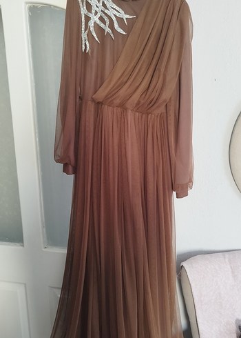 Kadın Bej Uzun Kollu Drapeli Elbise - Görsel 4