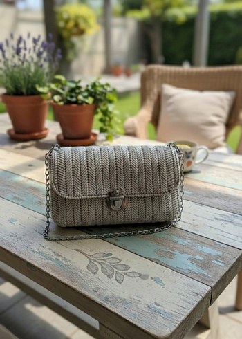 Bej Örgü Kadın Çanta  içi Leopar Desenli - Görsel 2