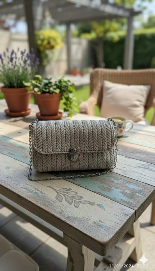 Bej Örgü Kadın Çanta  içi Leopar Desenli - Görsel 2