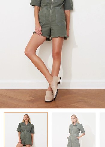 Kadın haki kot Kısa Tulum, Fermuarlı, Midi Boy - Görsel 4