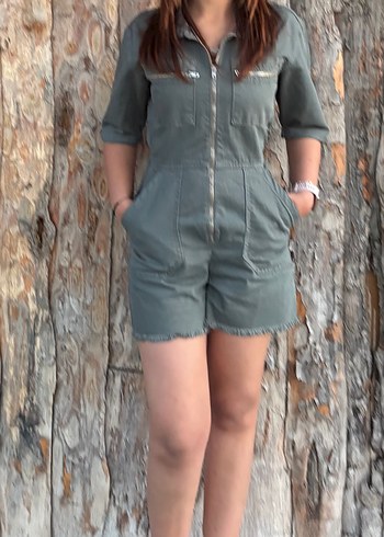 Kadın haki kot Kısa Tulum, Fermuarlı, Midi Boy - Görsel 5