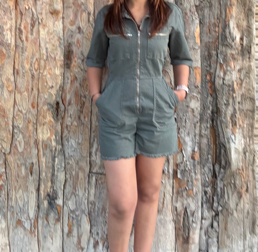 Kadın haki kot Kısa Tulum, Fermuarlı, Midi Boy - Görsel 5