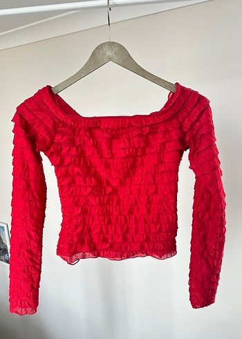 Kadın Kırmızı Pliseli Kayık Yaka Bluz - Görsel 3