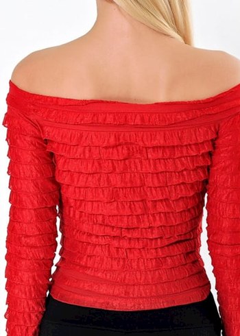 Kadın Kırmızı Pliseli Kayık Yaka Bluz - Görsel 2