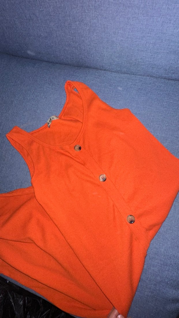 Turuncu Düğmeli Sıfır Kol Midi Elbise - Görsel 3