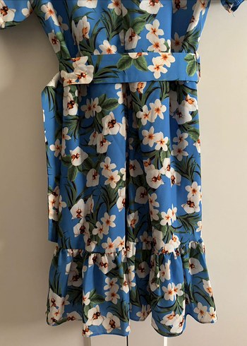 Mavi Çiçek Desenli Kemerli Elbise - Görsel 6