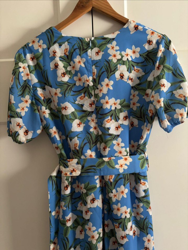 Mavi Çiçek Desenli Kemerli Elbise - Görsel 5