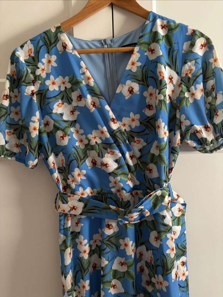 Mavi Çiçek Desenli Kemerli Elbise - Görsel 3