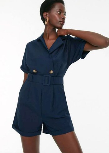 Kemerli Lacivert Kadın Mini Tulum - Görsel 8