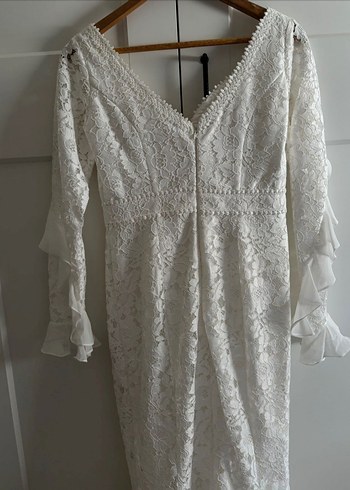 Dantel Detaylı V Yakalı Uzun Kollu Beyaz Gelinlik - Görsel 8