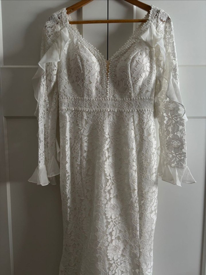 Dantel Detaylı V Yakalı Uzun Kollu Beyaz Gelinlik - Görsel 2
