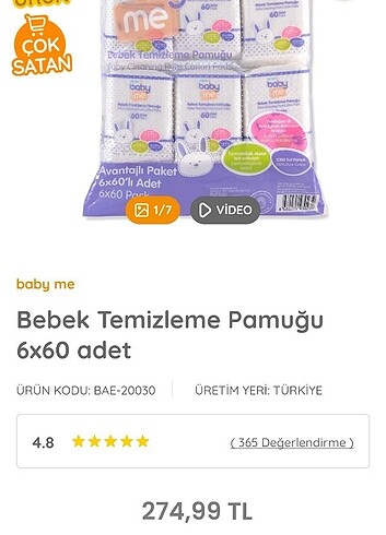 Baby me temizleme pamuğu 6×60 adet