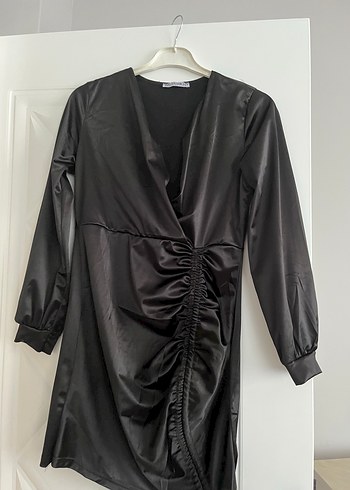 Zara Drapeli Siyah Deri Halter Mini Elbise