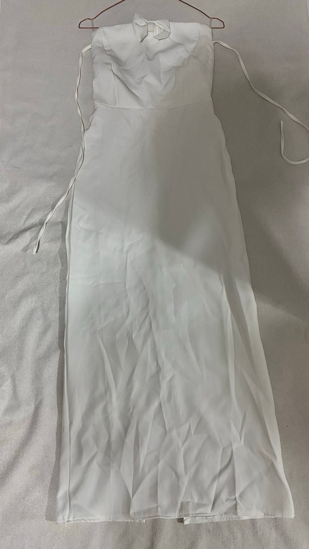 Beyaz Keten Drapeli Uzun Straplez Elbise - Görsel 3