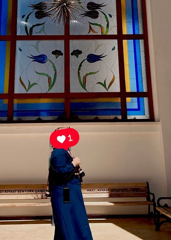 Mavi Nakışlı Uzun Halter Yaka Elbise