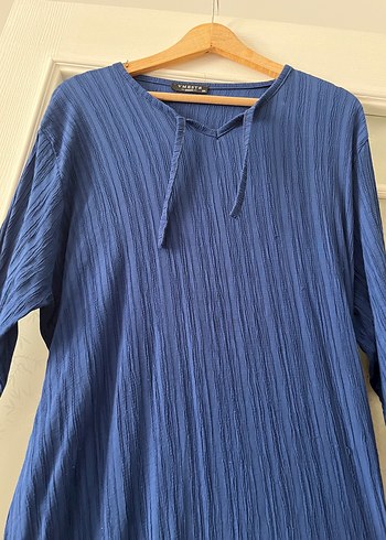 Uzun Kollu Lacivert Keten Pilili Elbise - Görsel 4