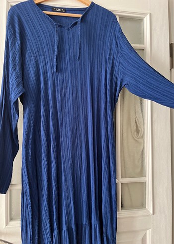 Uzun Kollu Lacivert Keten Pilili Elbise - Görsel 3