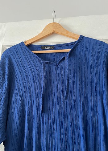 Uzun Kollu Lacivert Keten Pilili Elbise - Görsel 2