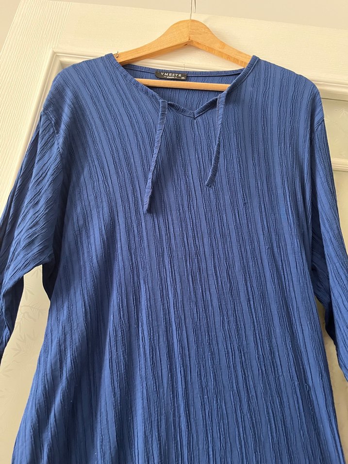 Uzun Kollu Lacivert Keten Pilili Elbise - Görsel 4