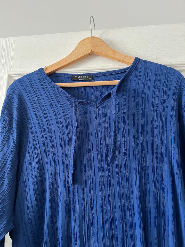 Uzun Kollu Lacivert Keten Pilili Elbise - Görsel 2