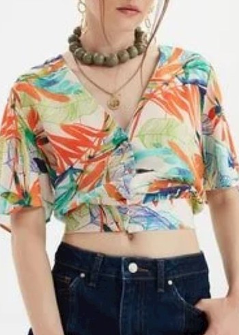 Düğmeli V Yaka Çok Renkli Kadın gömlek Bluz - Görsel 2