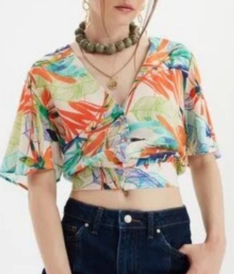 Düğmeli V Yaka Çok Renkli Kadın gömlek Bluz - Görsel 2