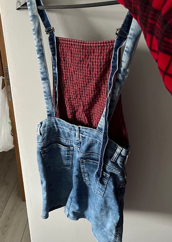 Mavi Batik Desenli Kadın Kot Şort Salopet - Görsel 2