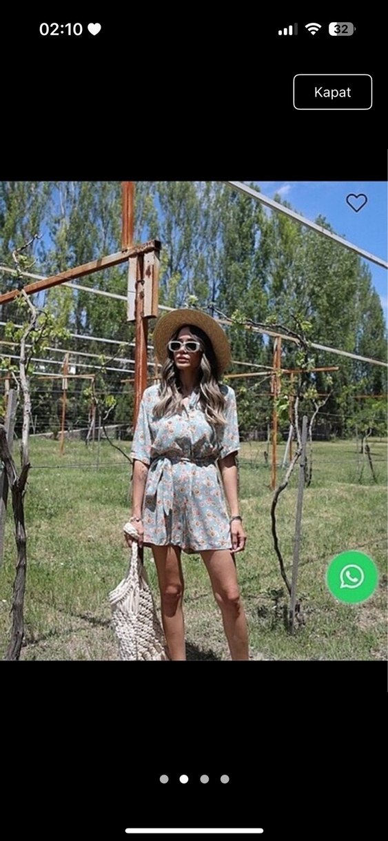 V Yaka Düğmeli Bohem Kısa Tulum - Görsel 2