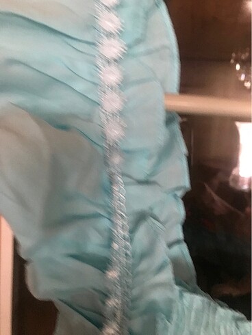 xl Beden turkuaz Renk Firfırlı işlemeli yazlık elbise