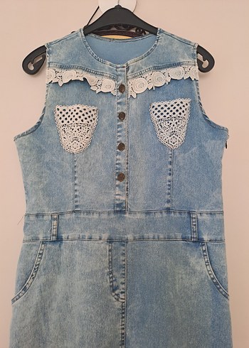 Diğer Düğmeli Nakışlı Kadın Denim Uzun Elbise