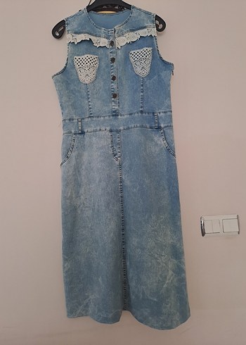 38 Beden Düğmeli Nakışlı Kadın Denim Uzun Elbise
