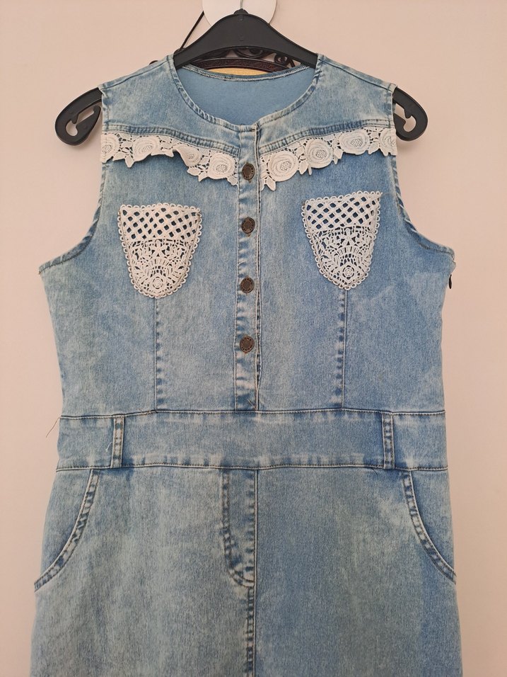 Düğmeli Nakışlı Kadın Denim Uzun Elbise - Görsel 3