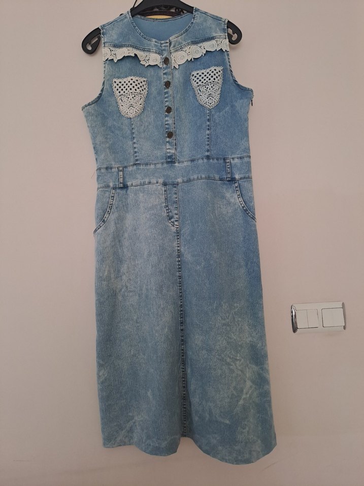 Düğmeli Nakışlı Kadın Denim Uzun Elbise - Görsel 2