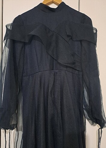 Lacivert balon kol tüllü abiye elbise - Görsel 3