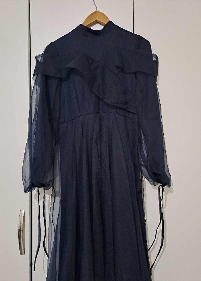 Lacivert balon kol tüllü abiye elbise - Görsel 2