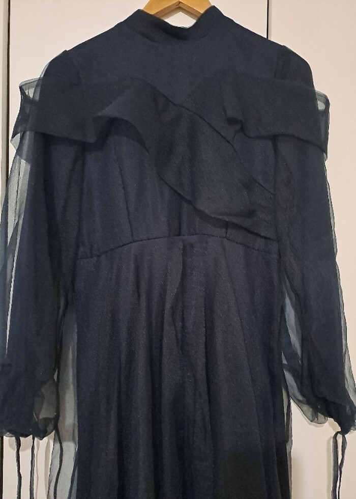 Lacivert balon kol tüllü abiye elbise - Görsel 3