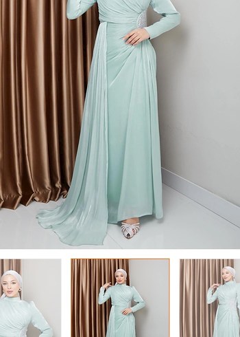 Turkuaz Drapeli Uzun Abiye Elbise - Görsel 9