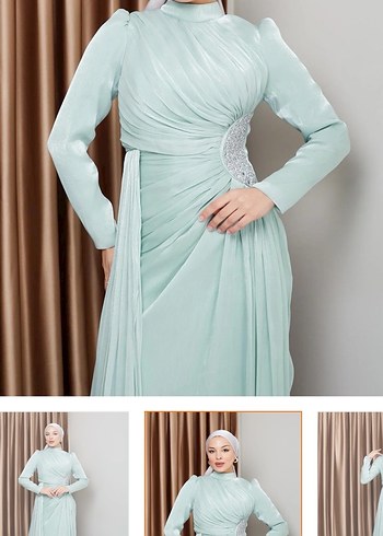 Turkuaz Drapeli Uzun Abiye Elbise - Görsel 6