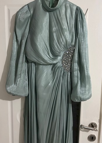 Turkuaz Drapeli Uzun Abiye Elbise - Görsel 13