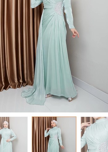 Turkuaz Drapeli Uzun Abiye Elbise - Görsel 7