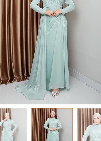 Turkuaz Drapeli Uzun Abiye Elbise - Görsel 8