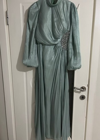 Turkuaz Drapeli Uzun Abiye Elbise - Görsel 17