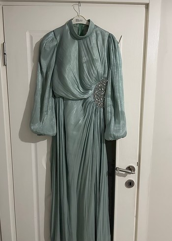 Turkuaz Drapeli Uzun Abiye Elbise - Görsel 15